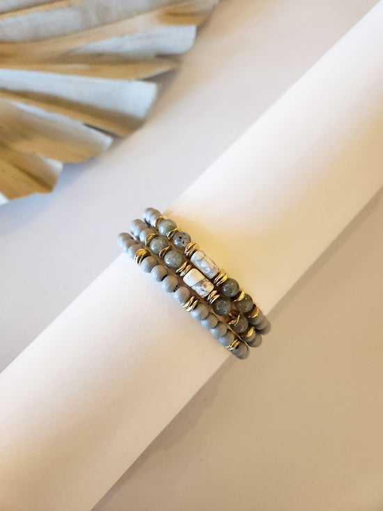 Bree Wood Beaded Bracelet Set | Natural Wood Layering Bracelets | Lucite Stone Bead Details