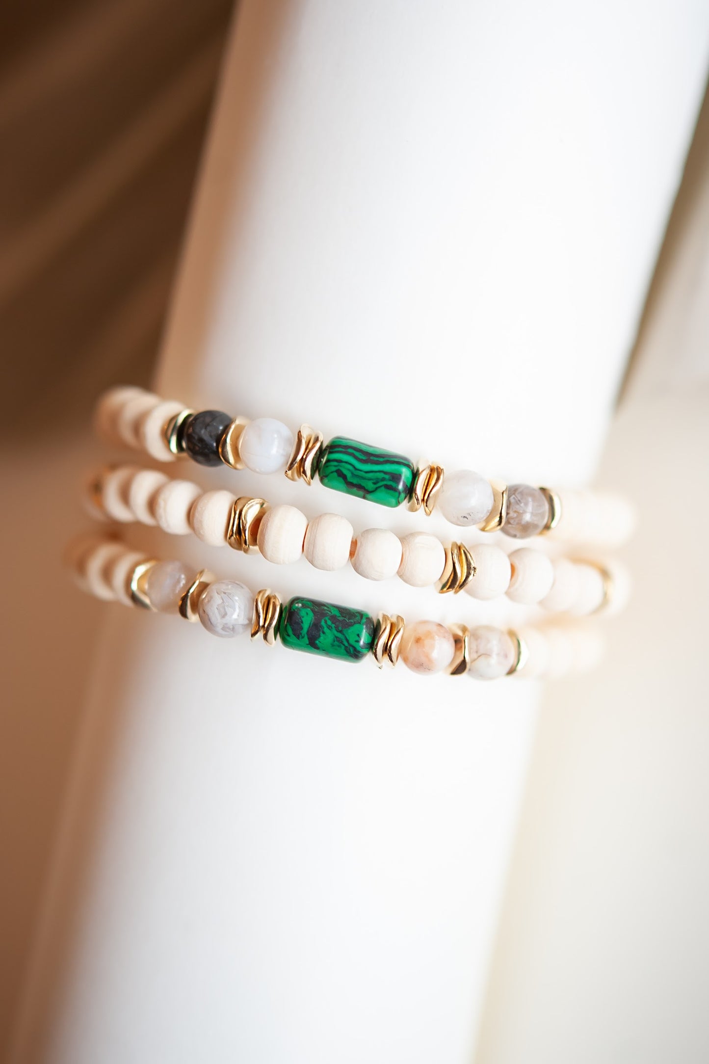 Load image into Gallery viewer, Bree Wood Beaded Bracelet Set | Natural Wood Layering Bracelets | Lucite Stone Bead Details
