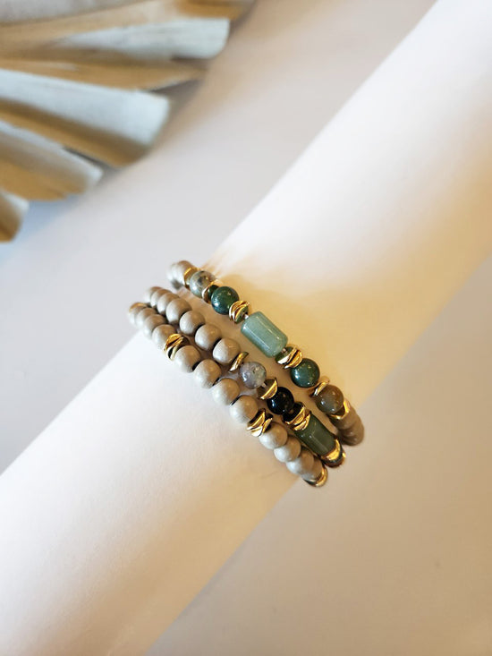 Bree Wood Beaded Bracelet Set | Natural Wood Layering Bracelets | Lucite Stone Bead Details