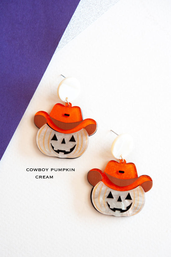 Load image into Gallery viewer, Halloween Cowboy Pumpkin Earrings | Western Jack o&amp;#39; Lantern Dangle Earrings | Autumn Cowgirl Jewelry
