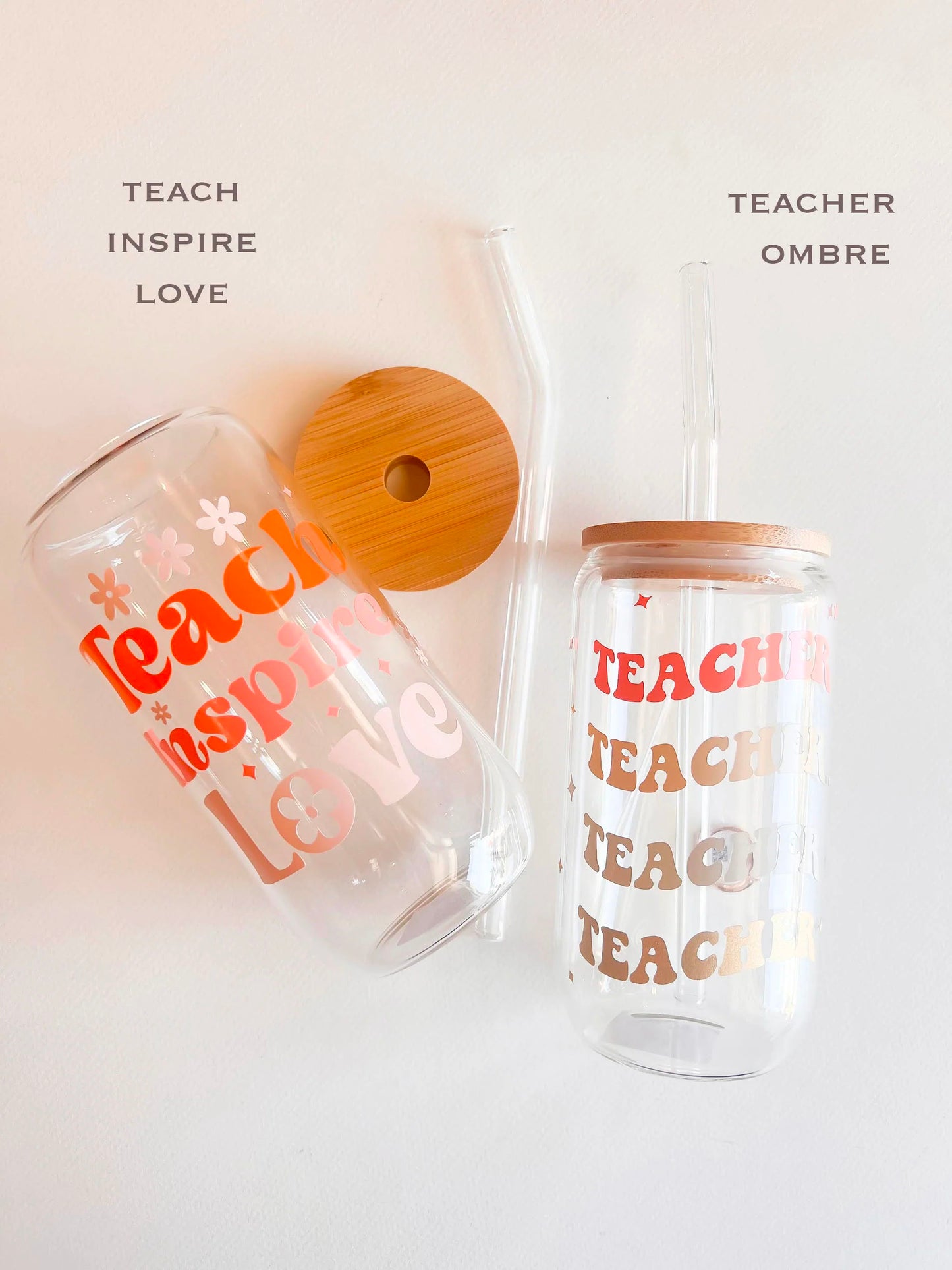 Teacher Appreciation Tumbler Glasses | School Gift Ideas | Back to School | Printed Drink Tumblers | Natural Wood Lid with Glass Straw