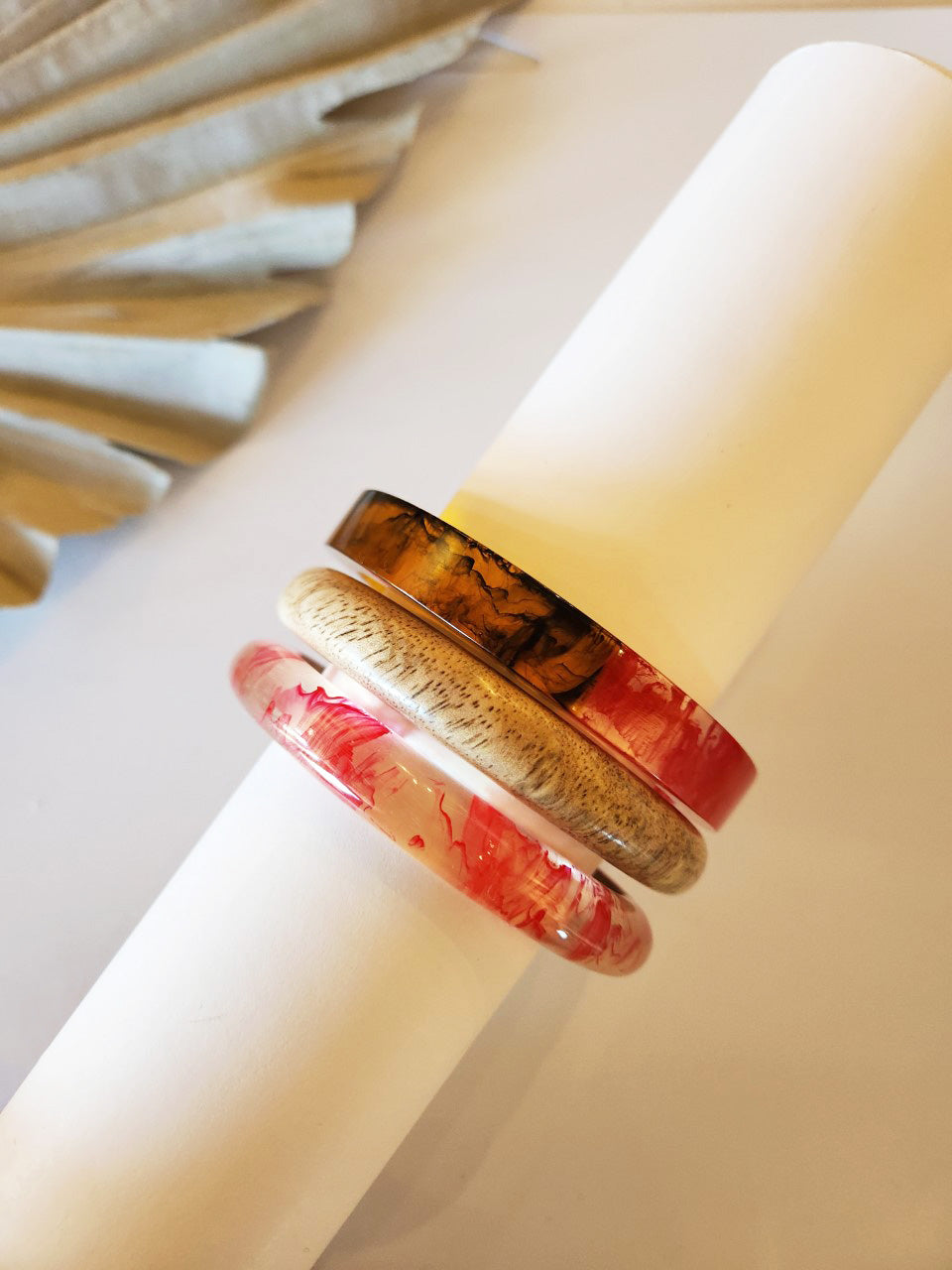 Load image into Gallery viewer, Dani Wood and Lucite Bangle Set | Natural Wood and Marbled Lucite Bangles | Colorful Boho Tribal Style

