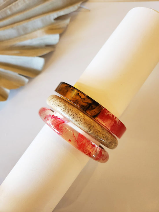 Dani Wood and Lucite Bangle Set | Natural Wood and Marbled Lucite Bangles | Colorful Boho Tribal Style
