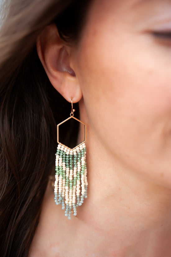 Devon Mint Beaded Drop Earrings | Boho Hand Beaded Earrings | Beach Babe Coastal Style | White and Mint Green Delicate Beads