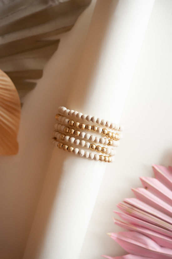 Load image into Gallery viewer, Eleni Natural Wood Beaded Bracelet Stack | Wood and Gold Pisa Beads | Layering Boho Bracelet Set
