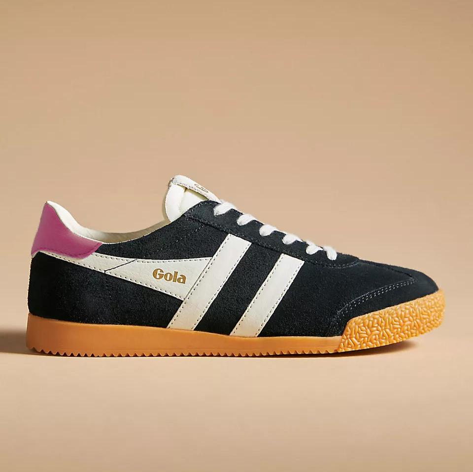 Gola Elan black sneaker with a fuchsia tab on heel and white stripes with a retro gum sole bottom