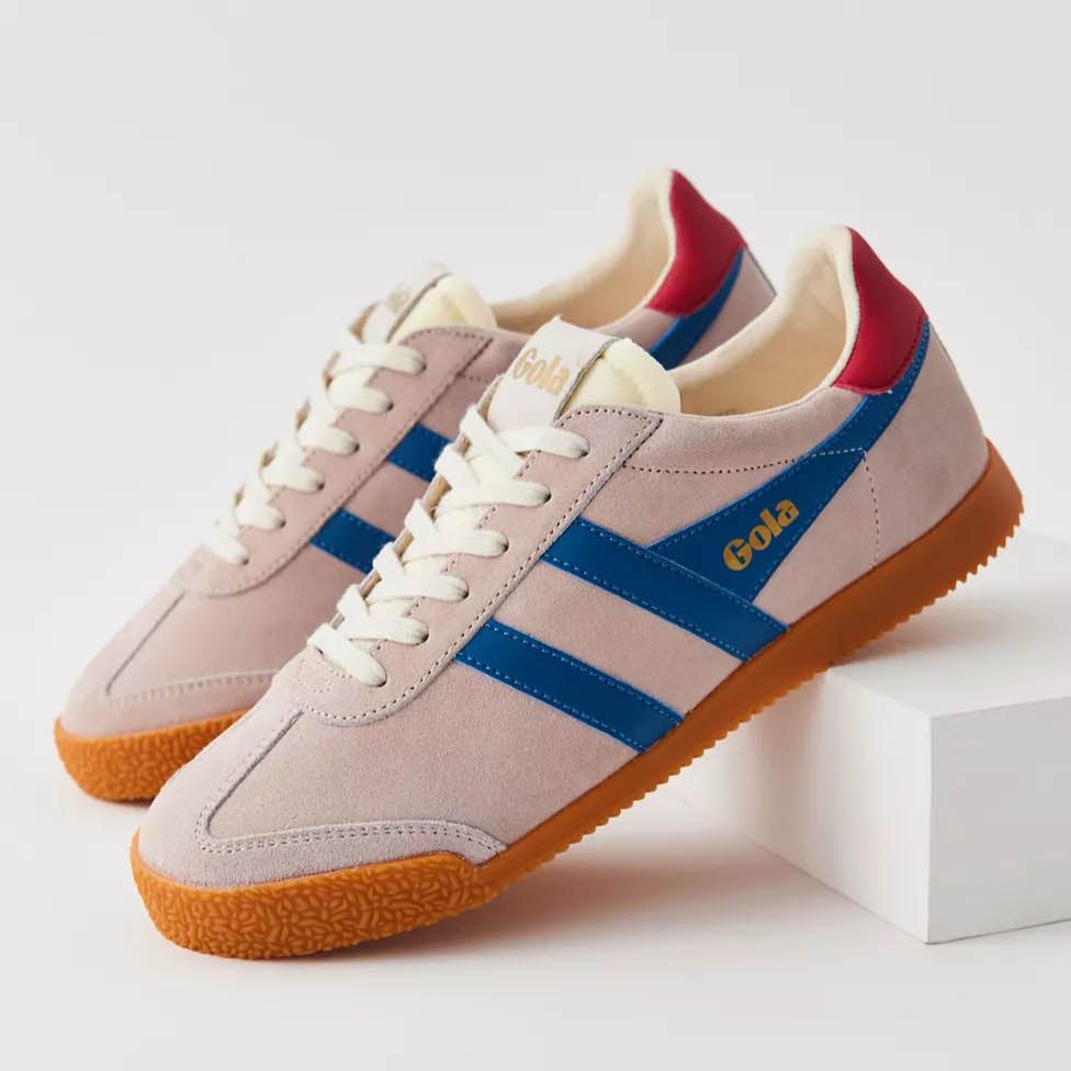 the Gola Elan blossom marine sneaker with gum sole and blue stripes down the side to Gove that old school look