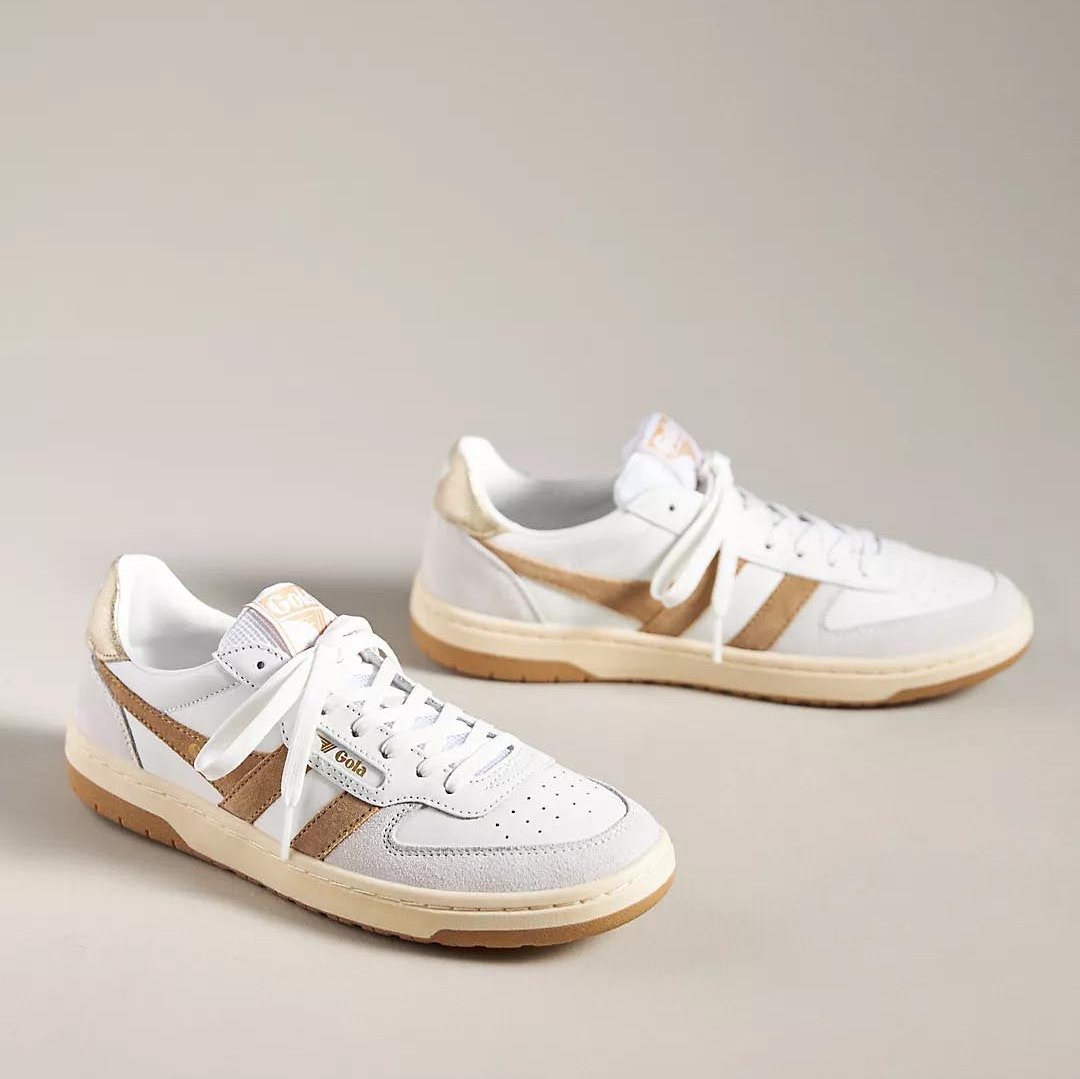 Gola Hawk Women's Retro Sneakers in white and caramel colour with leather and suede finish, cushioned insole, and rubber outsole.