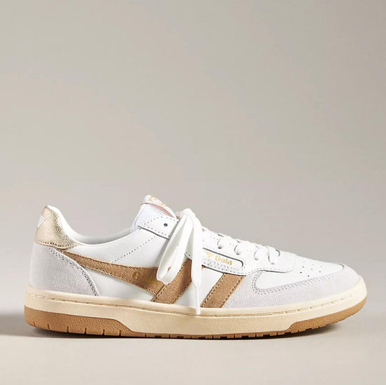 Gola Hawk Women's Retro Sneakers in white and caramel colour with leather and suede finish, cushioned insole, and rubber outsole.