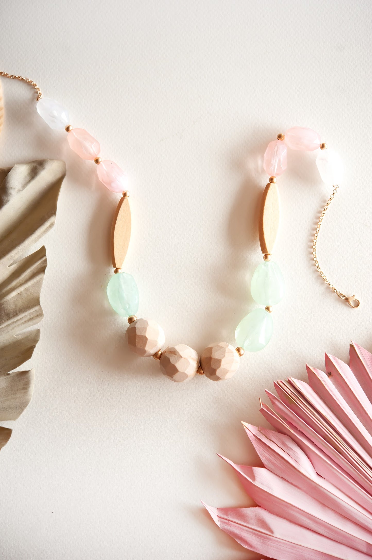 Heather Chunky Pastel Necklace | Boho Natural Wood and Crystal Beaded Necklace | Beach Babe Accessories | Blush Pink and Mint Green Beads