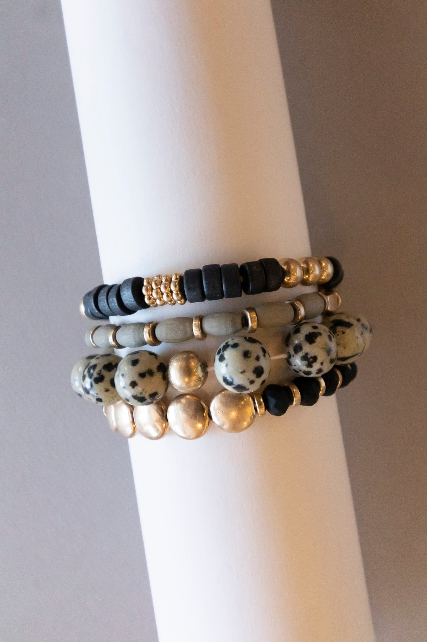 Load image into Gallery viewer, Helen Smokey Bracelet Stack | Grayscale Marble Wood Beaded Layering Bracelet
