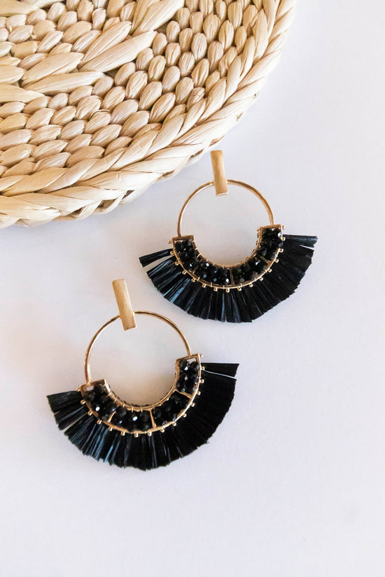 Load image into Gallery viewer, Jackie Raffia Post Back Hoops | Circle Design With Crystal Details | Brushed Brass Fall Earrings
