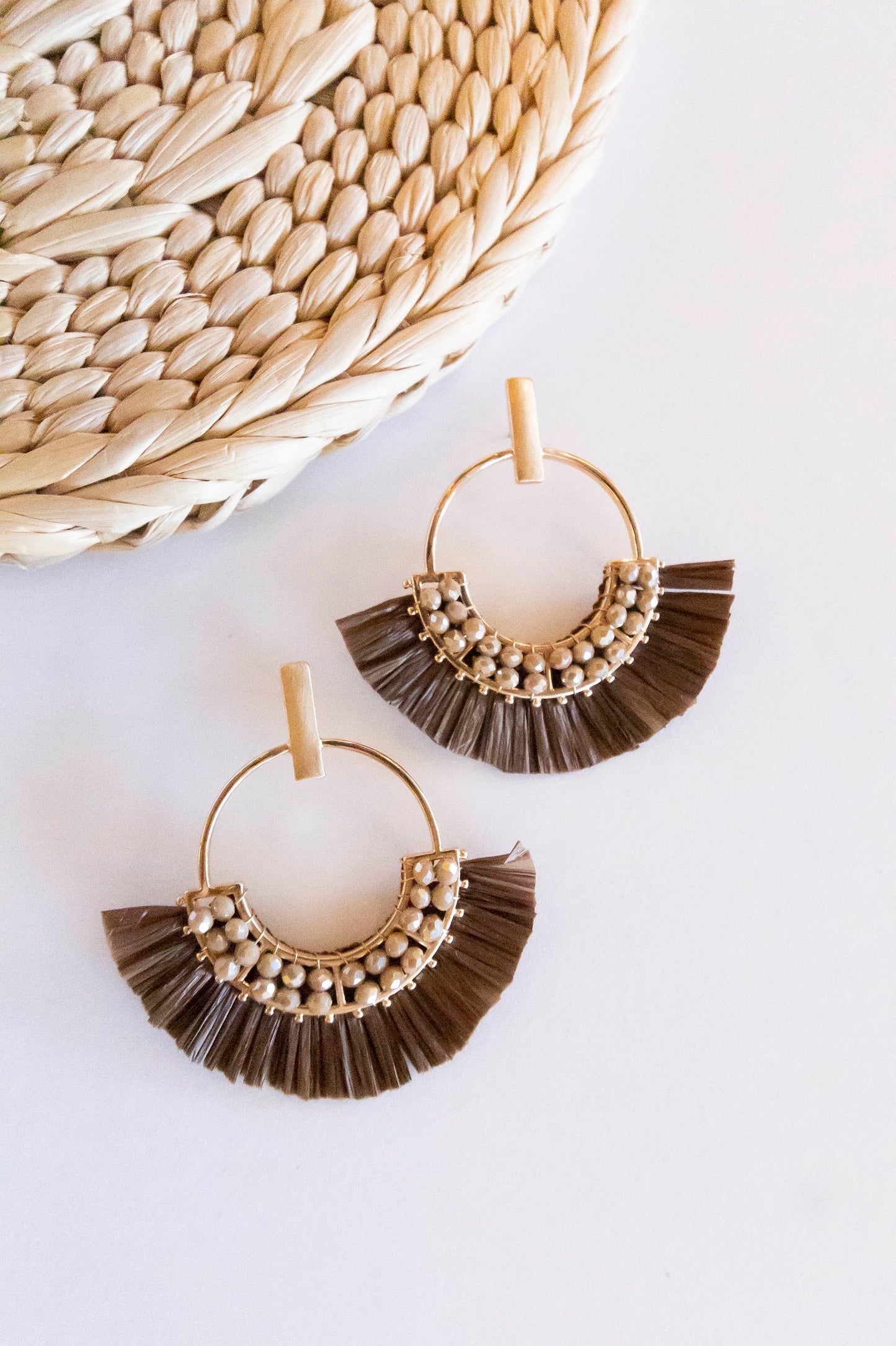 Load image into Gallery viewer, Jackie Raffia Post Back Hoops | Circle Design With Crystal Details | Brushed Brass Fall Earrings

