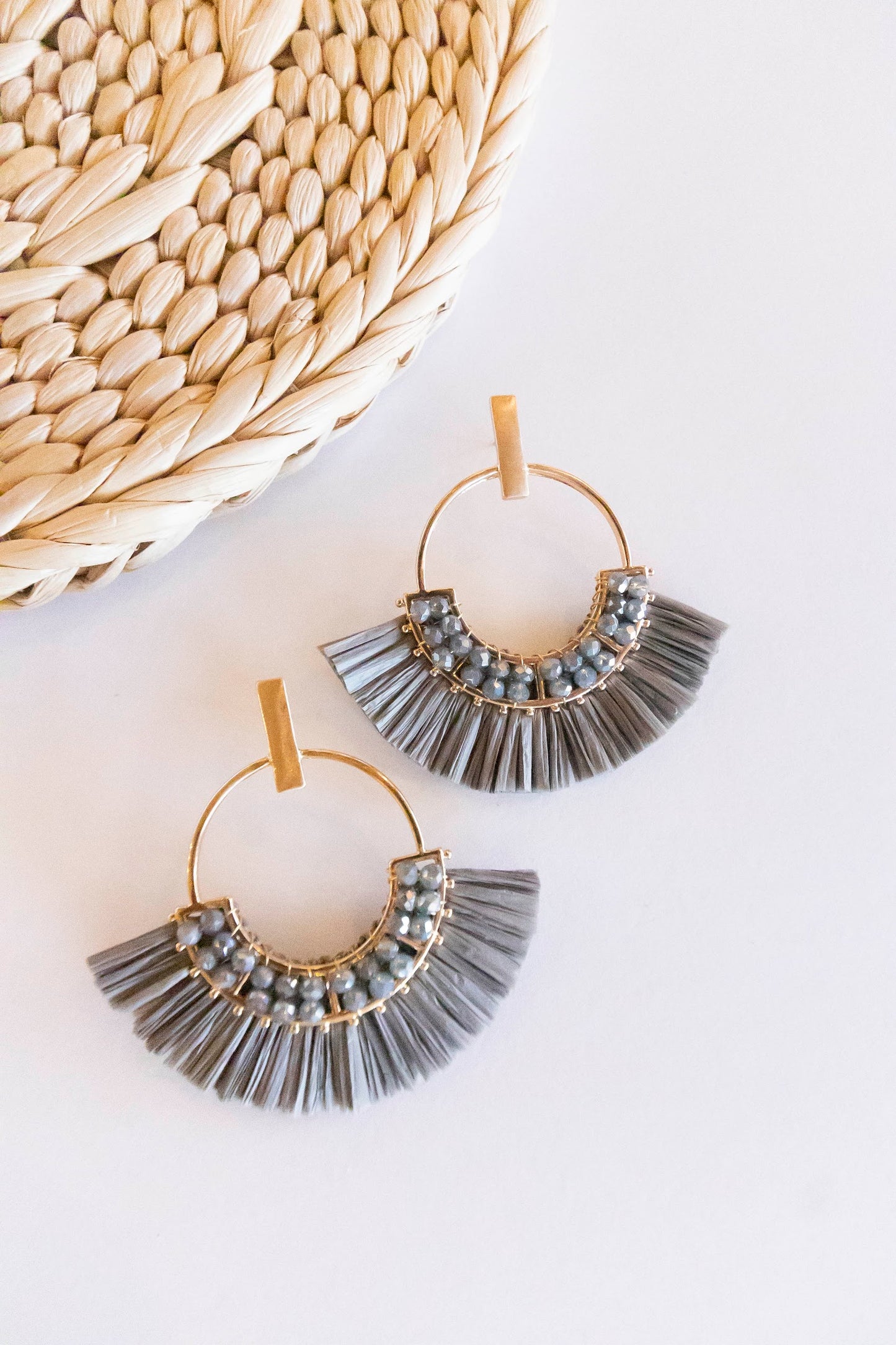 Jackie Raffia Post Back Hoops | Circle Design With Crystal Details | Brushed Brass Fall Earrings