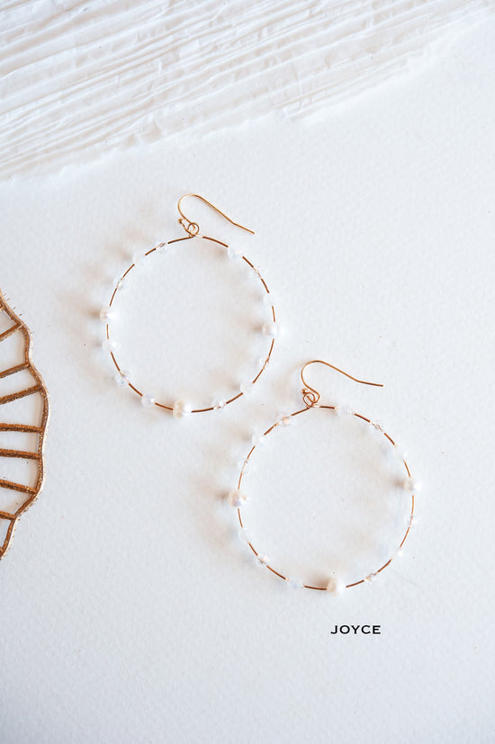 Load image into Gallery viewer, Pearl Earrings | Modern Pearl and Gold Hoops With Crystals | White Earrings
