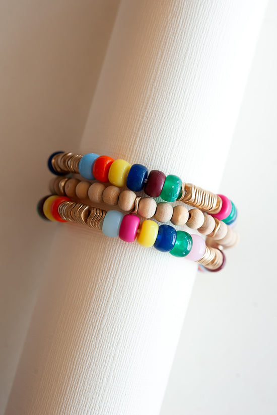 June Rainbow and Wood Beaded Bracelet Set | Colorful Bead Bracelet Stack With Gold Details | Bright Colored Bracelet