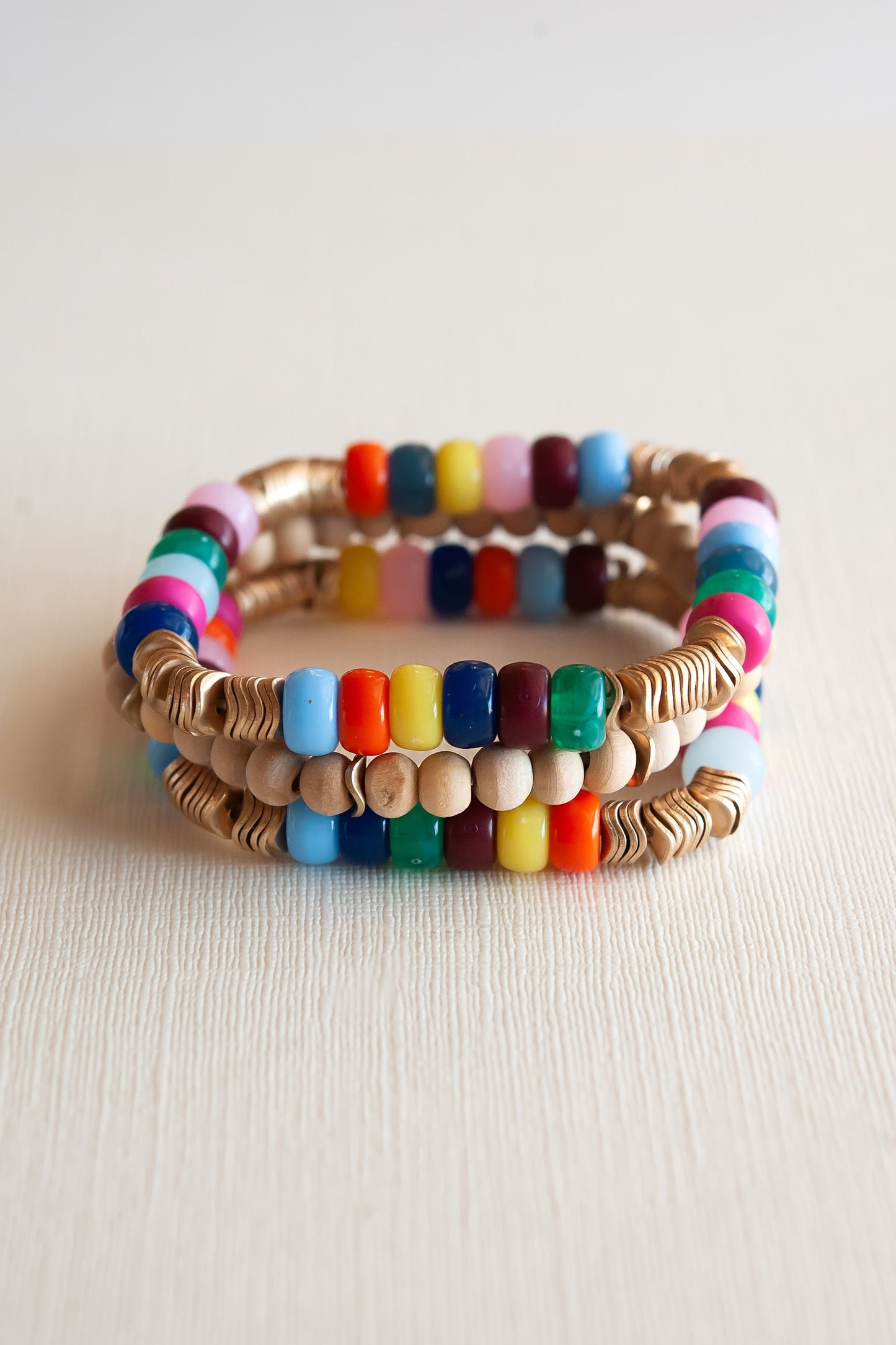 June Rainbow and Wood Beaded Bracelet Set | Colorful Bead Bracelet Stack With Gold Details | Bright Colored Bracelet