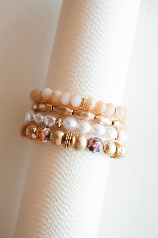Lannie Blush and Gold Beaded Bracelet | Pearl and Watercolor Bead Bracelet Set