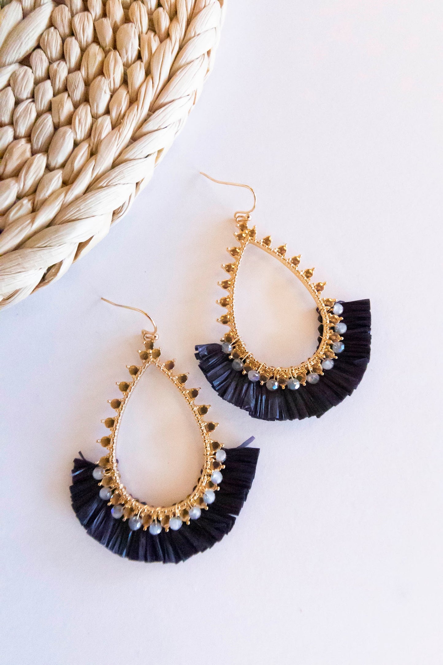 Marla Gold and Raffia Hoops | Teardrop Design With Crystal Details | Brushed Brass Autumn Earrings