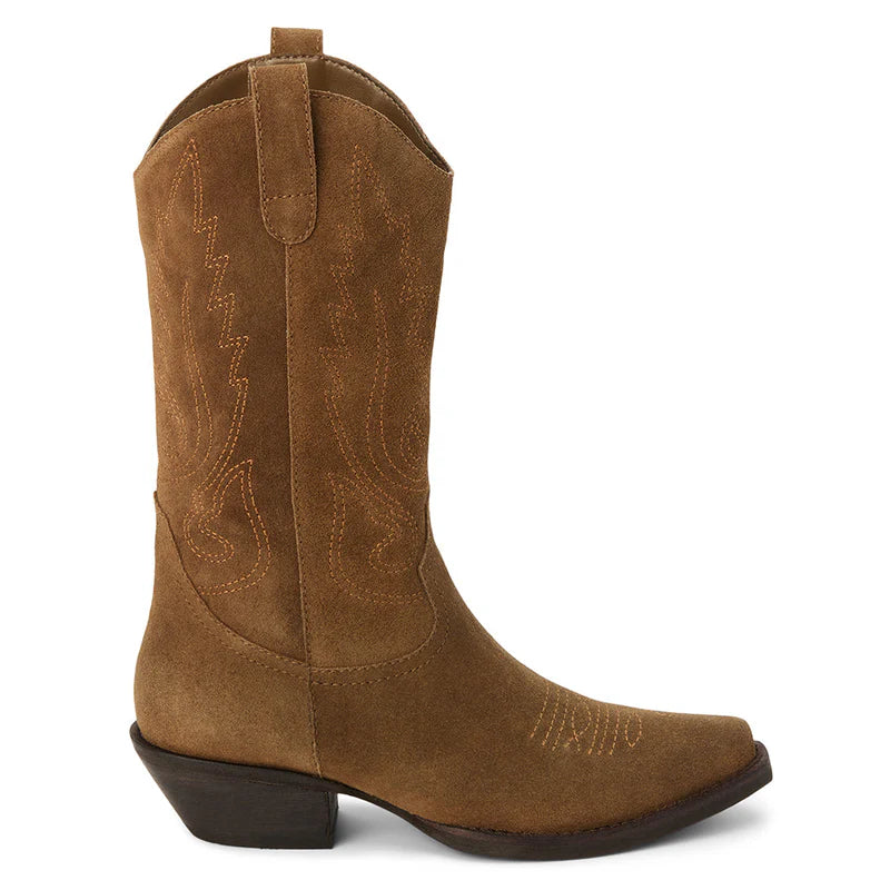 Brown cowboy boot on a white background