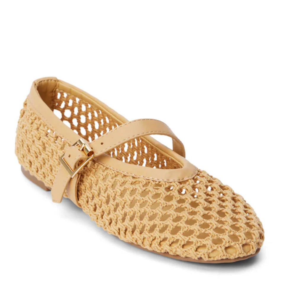 Woven mesh Mary Jane flats with a beige buckle strap, 