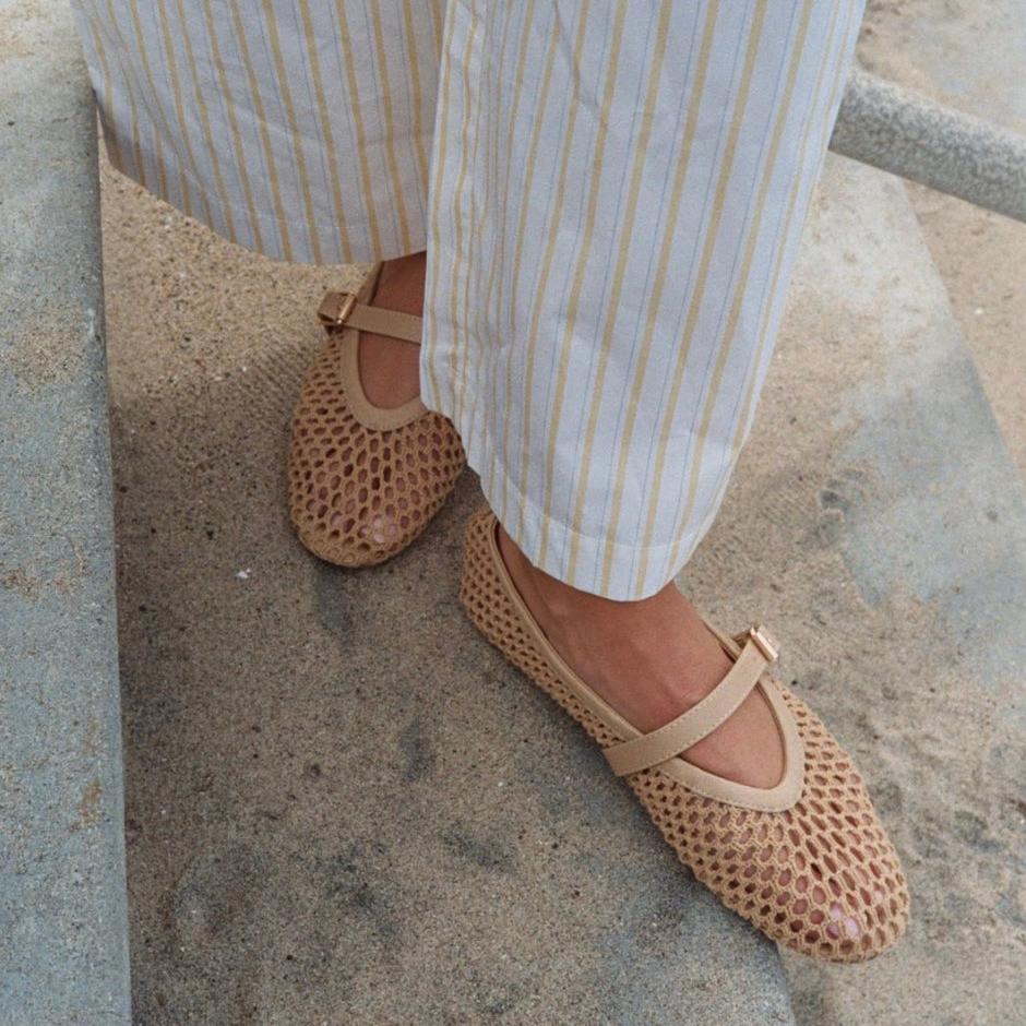 Woven mesh Mary Jane flats with a beige buckle strap, 