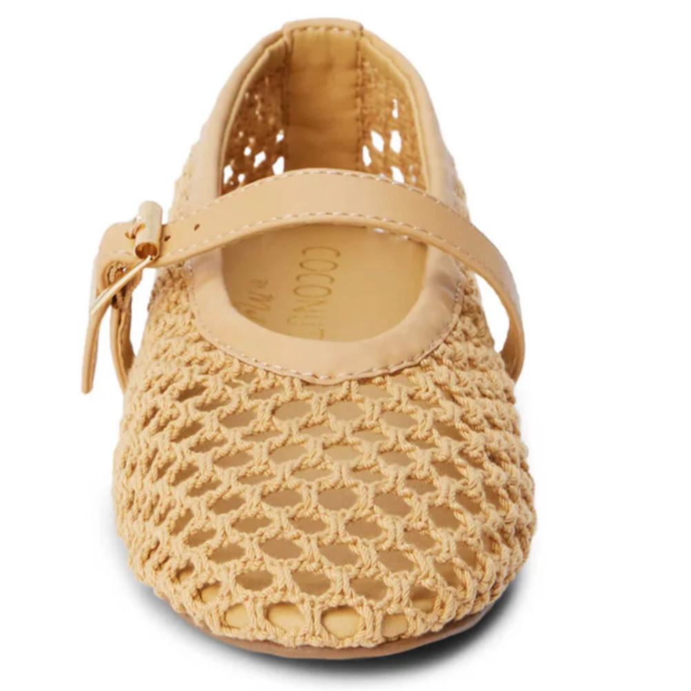 Woven mesh Mary Jane flats with a beige buckle strap, 