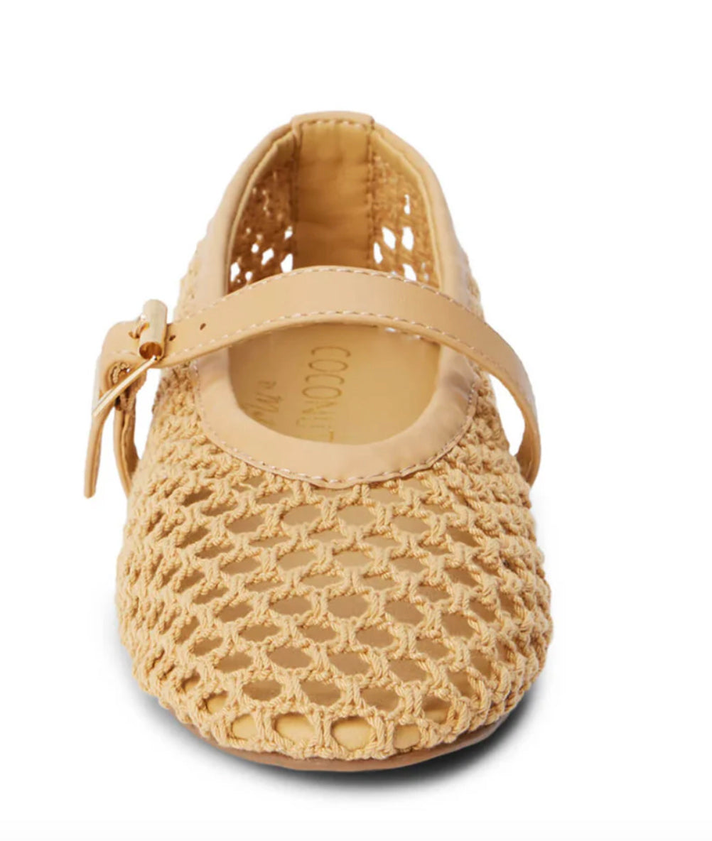 Woven mesh Mary Jane flats with a beige buckle strap, 