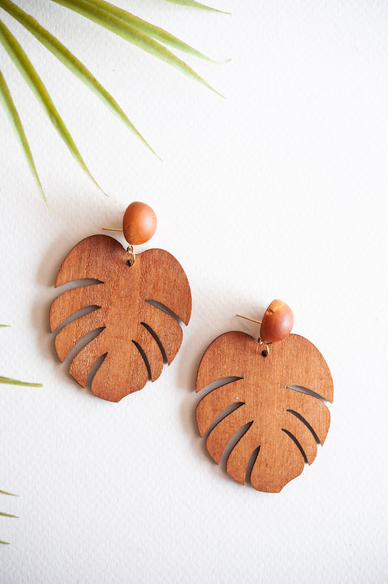 Load image into Gallery viewer, Wood Palm Leaf Earrings | Tropical Lightweight Summer Earrings
