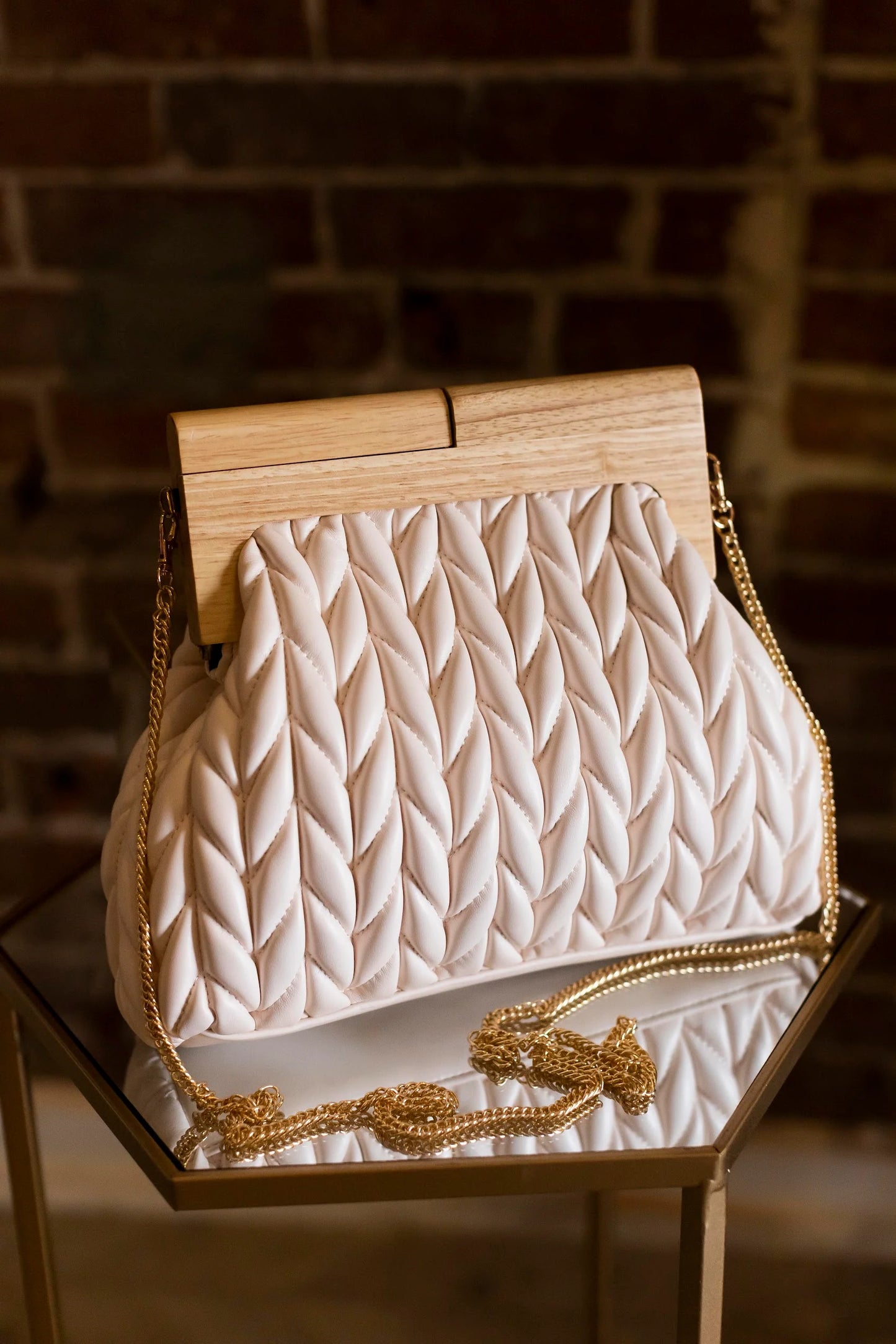 Load image into Gallery viewer, Rachel Quilted Clutch | Wooden Handle Closure Handbag | Soft Leather Chevron Quilting
