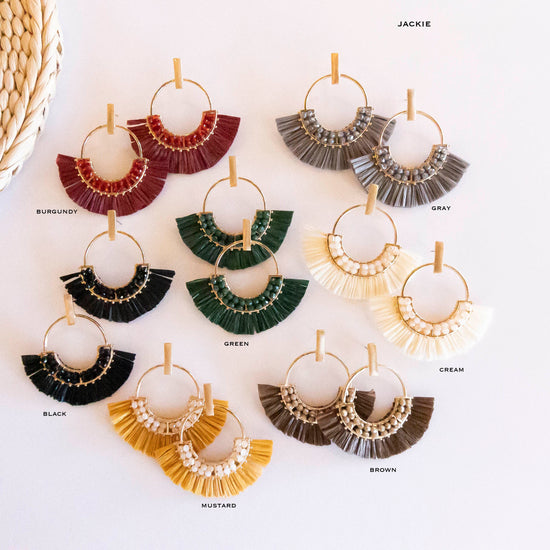 Jackie Raffia Post Back Hoops | Circle Design With Crystal Details | Brushed Brass Fall Earrings