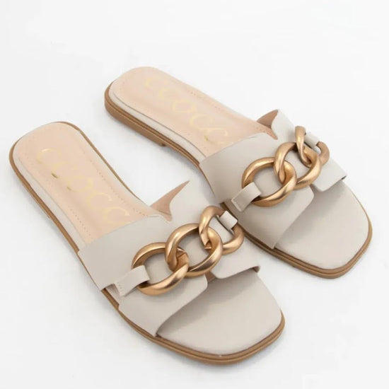 Stylish chain-link slide sandals with a cushioned insole and durable sole