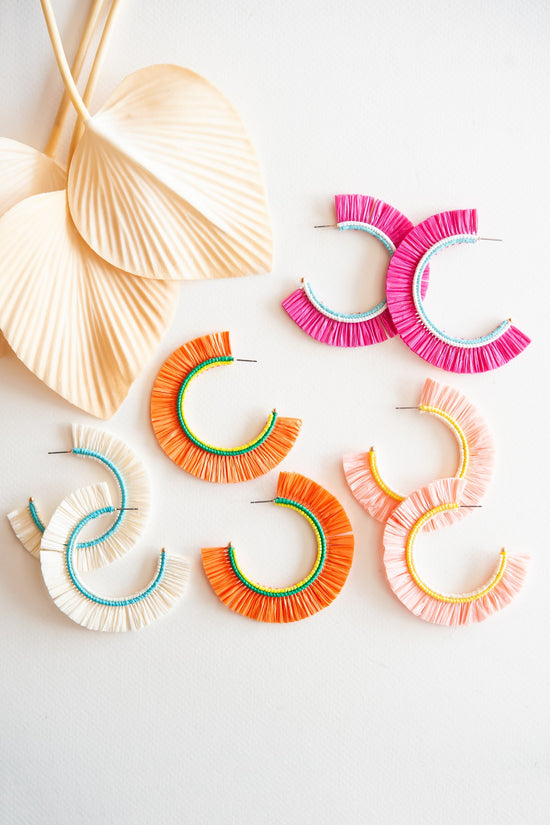 Load image into Gallery viewer, Tamera Rattan Fan Hoops | Tropical Vacation Earrings | Colorful Summer Hoop Earrings

