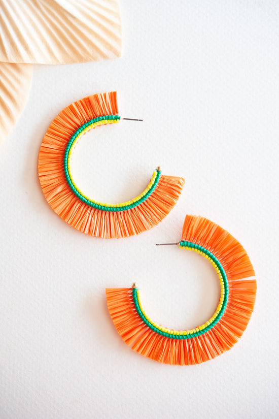 Load image into Gallery viewer, Tamera Rattan Fan Hoops | Tropical Vacation Earrings | Colorful Summer Hoop Earrings
