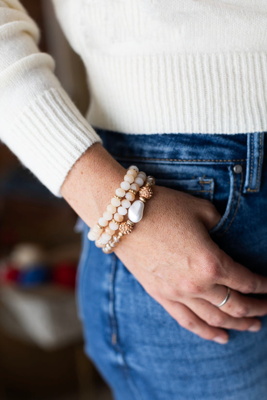 Tanya Peach and Champagne Bracelet Stack | 3 Piece Crystal and Pearl Bracelet Set