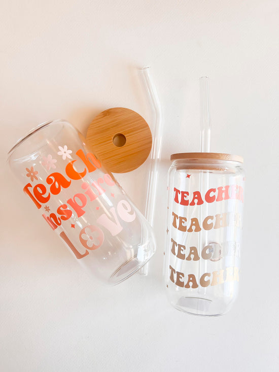 Teacher Appreciation Tumbler Glasses | School Gift Ideas | Back to School | Printed Drink Tumblers | Natural Wood Lid with Glass Straw