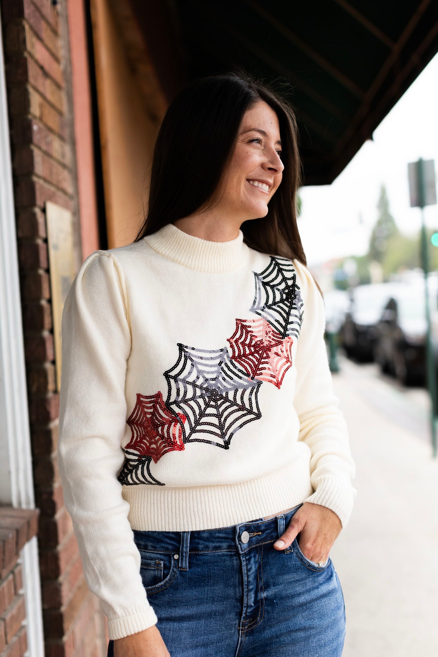 Load image into Gallery viewer, Elevated Halloween Sparkly Spider Web Sweater | Friendly Halloween Top
