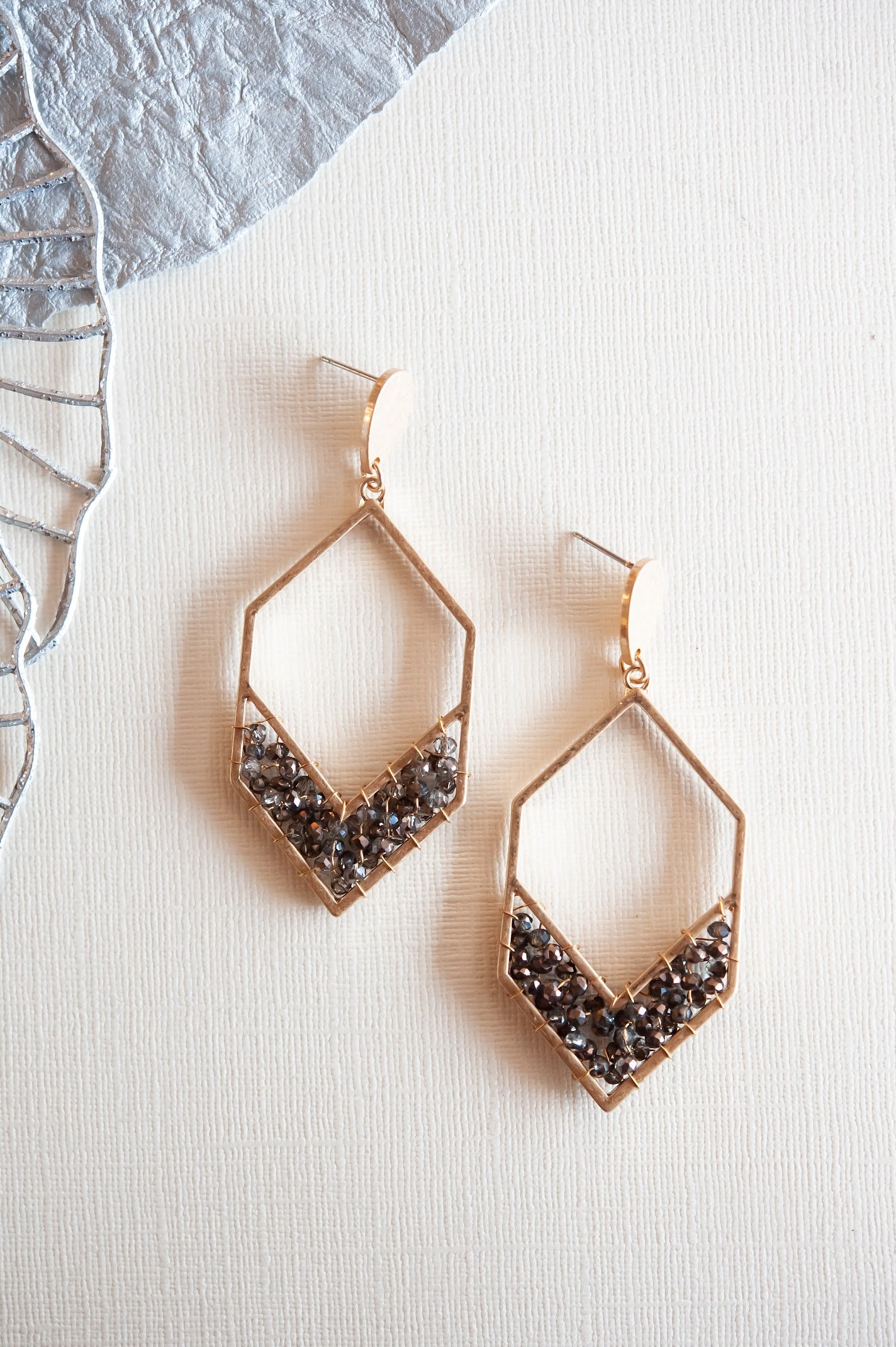 Erin Smokey Beaded Chevron Earrings | Gold and Gray Geometric Drop Earrings
