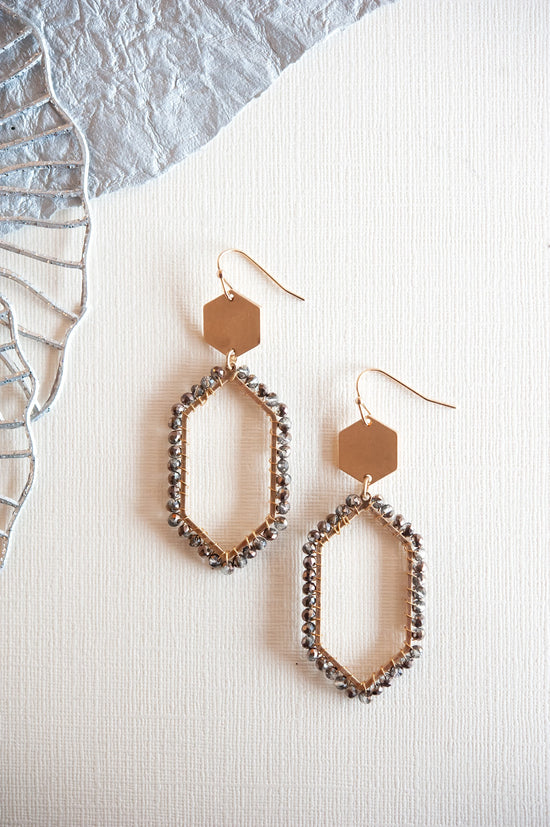 Mary Beaded Geometric Earrings | Smokey Gray and Gold Beaded Drop Earrings