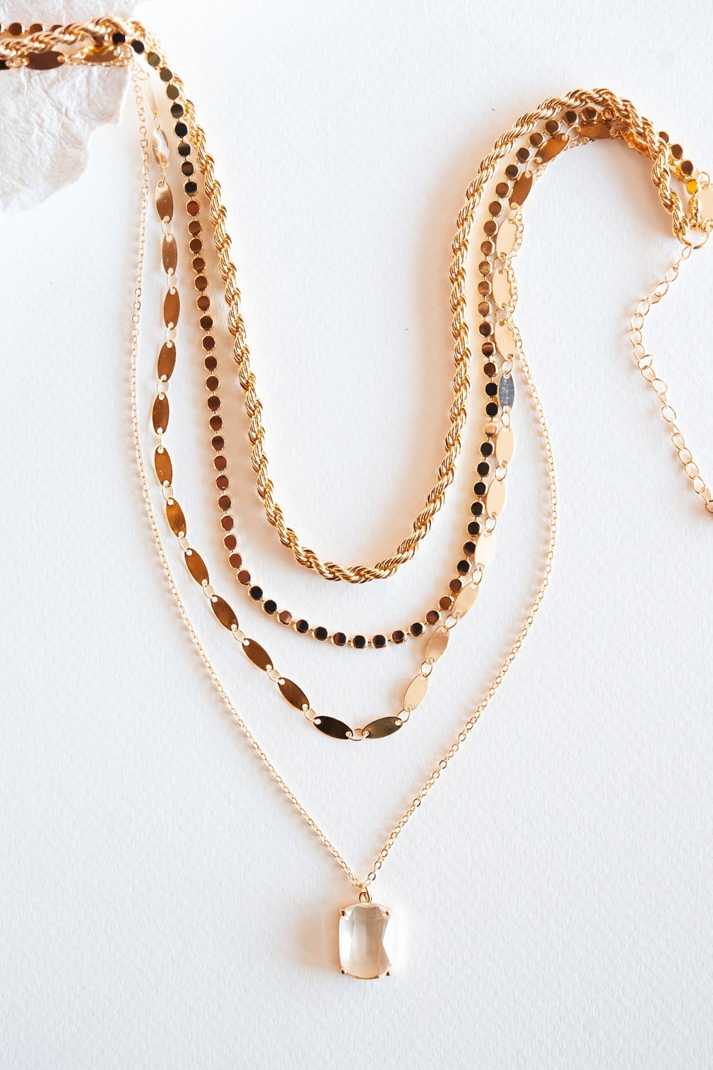 Emily Layered Chain Necklace | Gold Layering Necklace with Crystal Accent | Clear and Topaz Crystal Drops