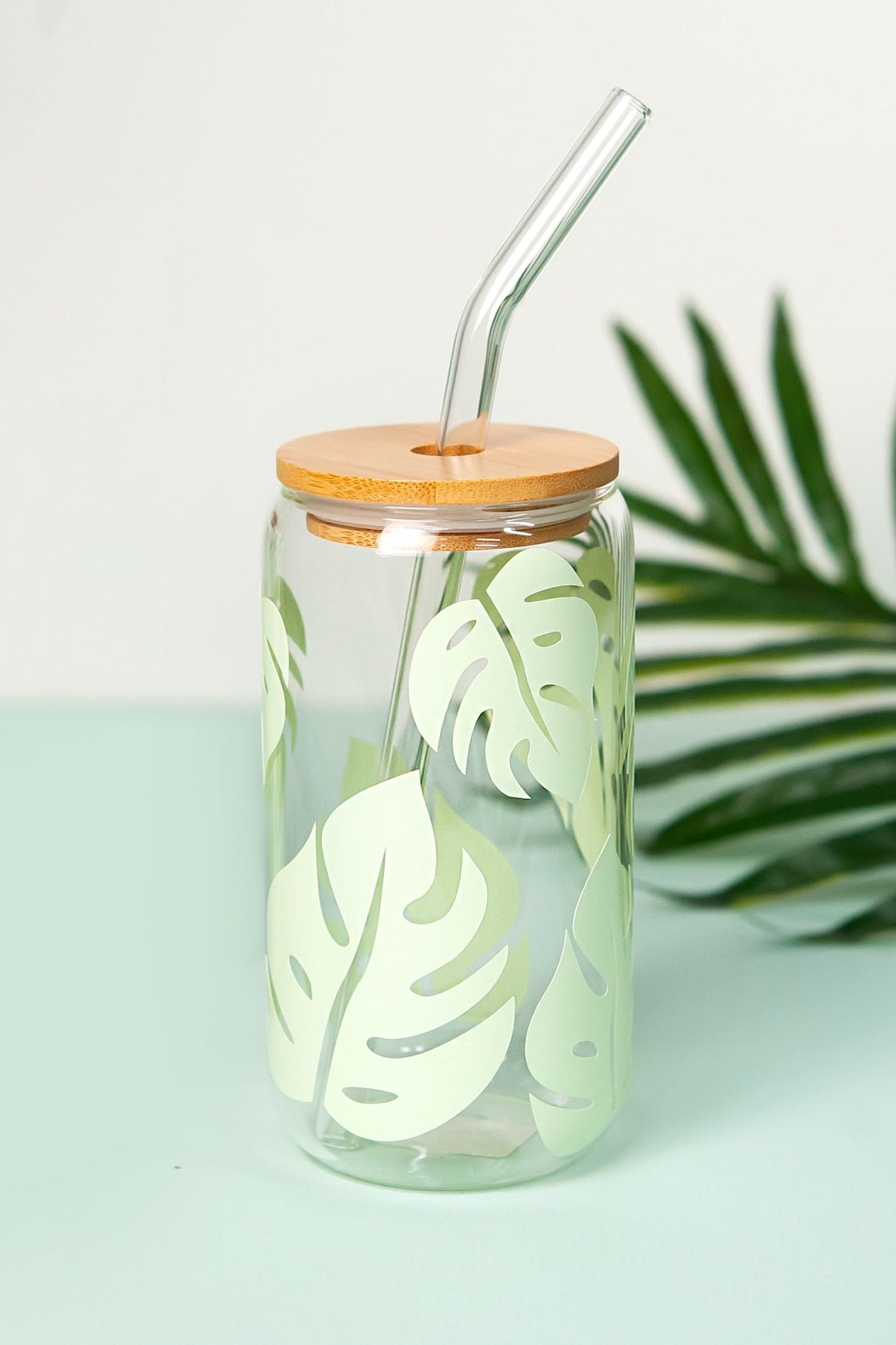 Monstera Glass Travel Tumbler | Hand Crafted Print Tumbler | Natural Wood Lid and Glass Straw