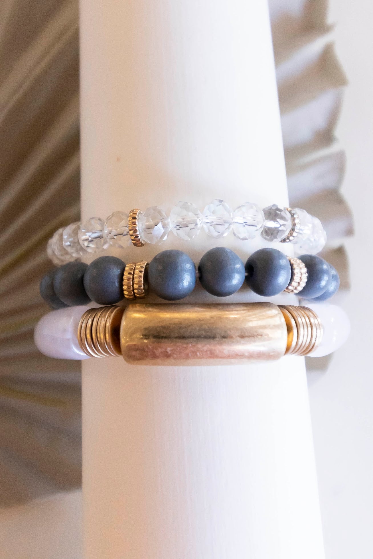 Lilith Bracelet Set | Gray and Marble Lucite with Clear Crystal Beads | Gold Disk Details