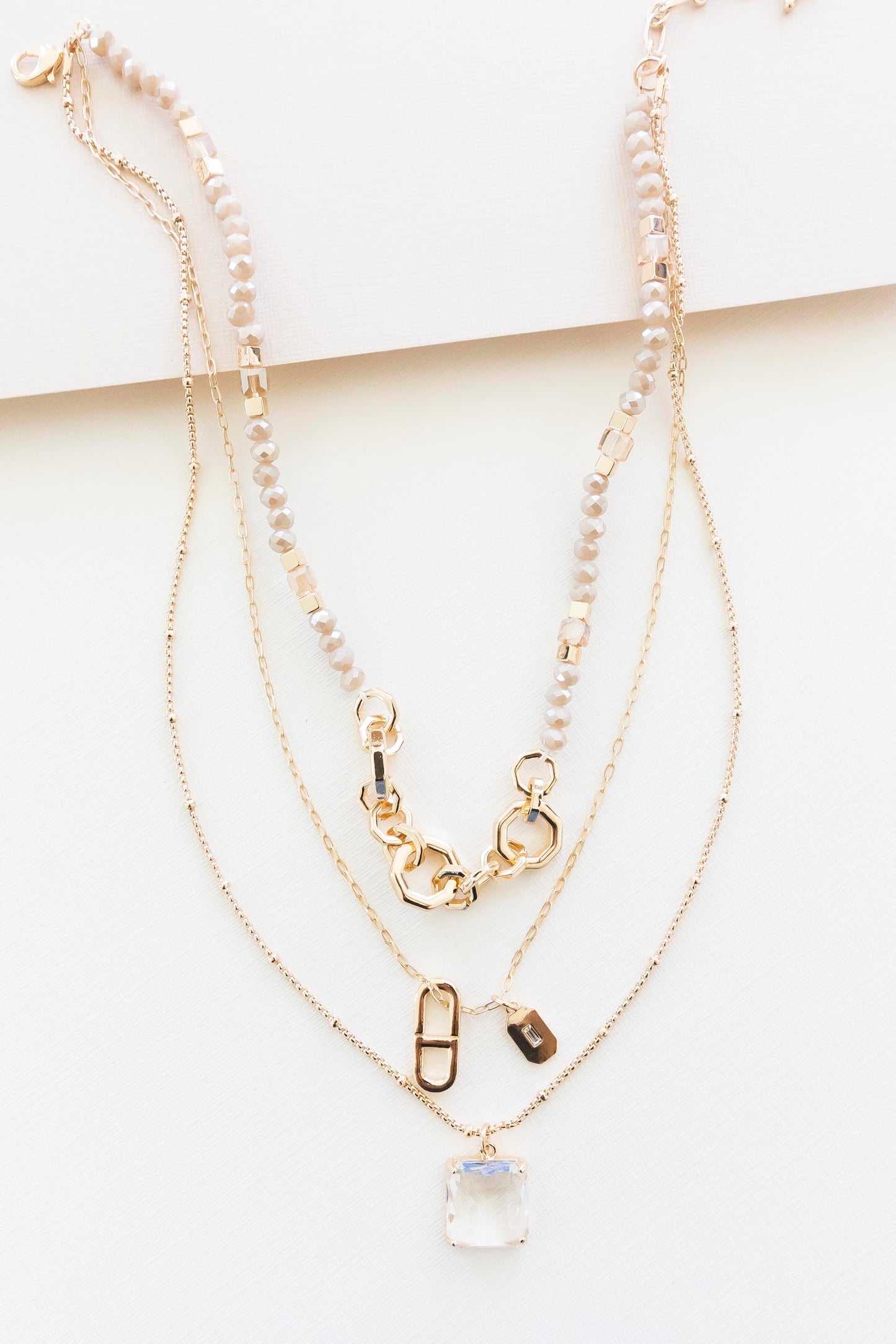 Harper Gold Layering Necklace | Dainty Gold Chains with Charm Details | Delicate Layered Necklace | Clear Crystal Pendant