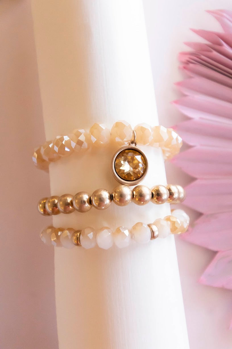 Ellie Bracelet Set | Champagne Crystal Beads | Amber Crystal Accent Charm