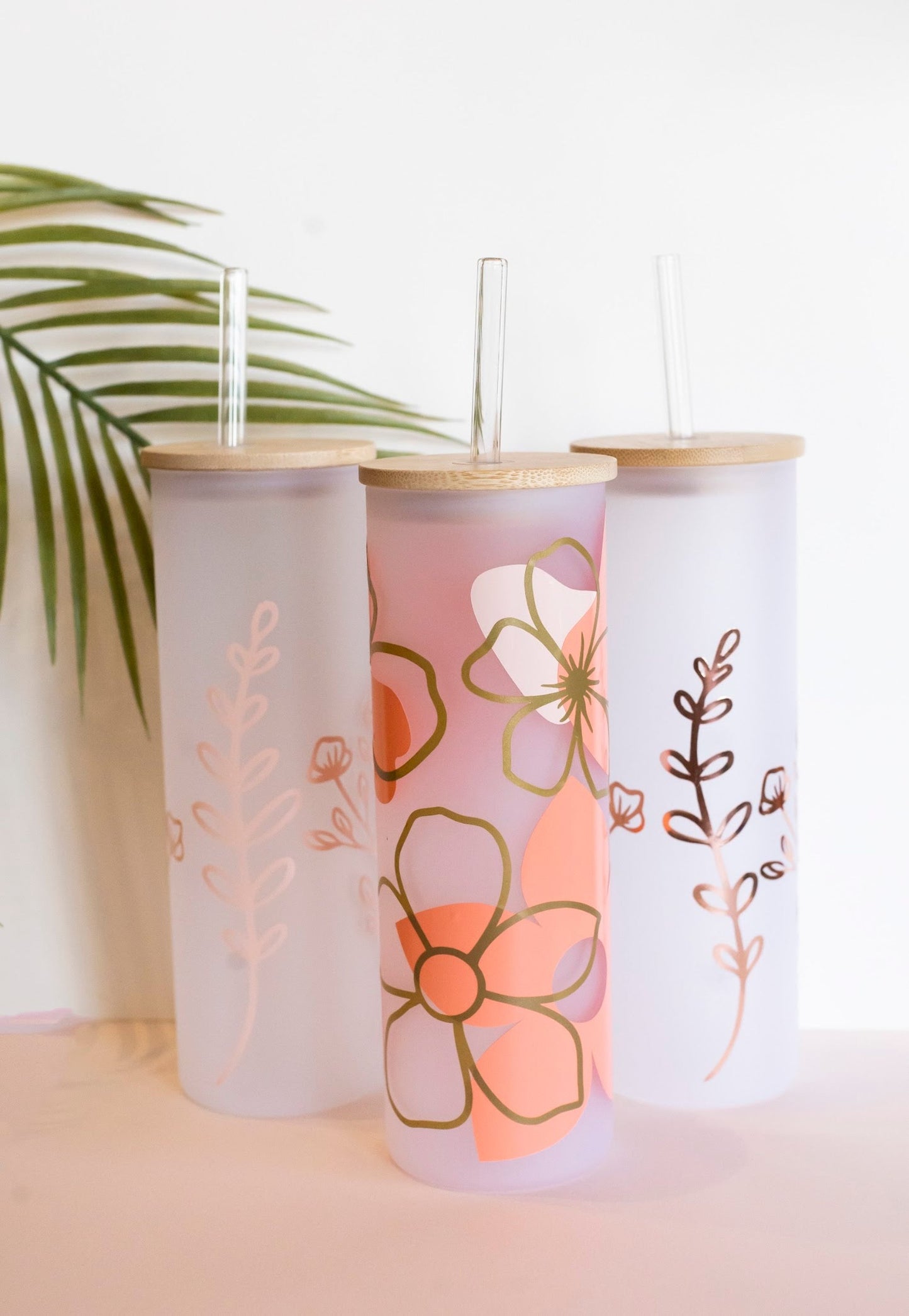Frosted Glass Tumbler | Hand Crafted Beverage Glass with Lid and Straw | Rose Gold Floral Printed