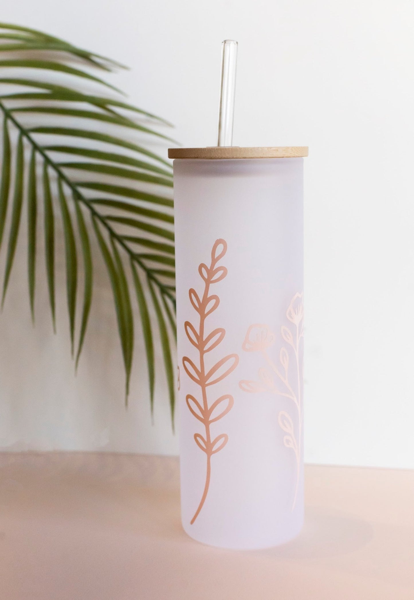 Frosted Glass Tumbler | Hand Crafted Beverage Glass with Lid and Straw | Rose Gold Floral Printed