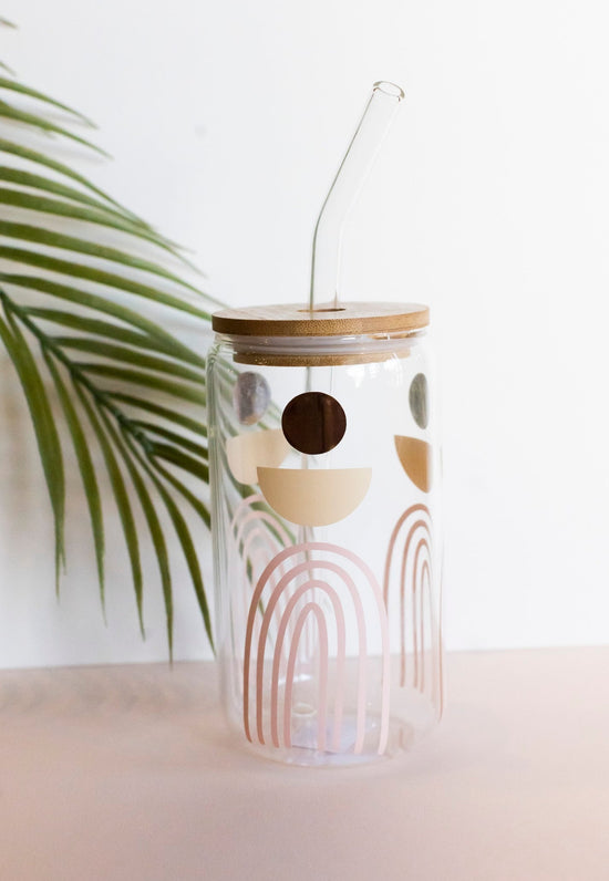 Iced Coffee Glass Tumbler | Hand Crafted Coffee Mug | Neutral Printed Design with Wood lid and Glass Straw