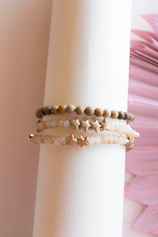 Starla Sandstone Bracelet Set | Dainty Stone and Crystal Beaded Bracelets | Gold Star Bead Charms