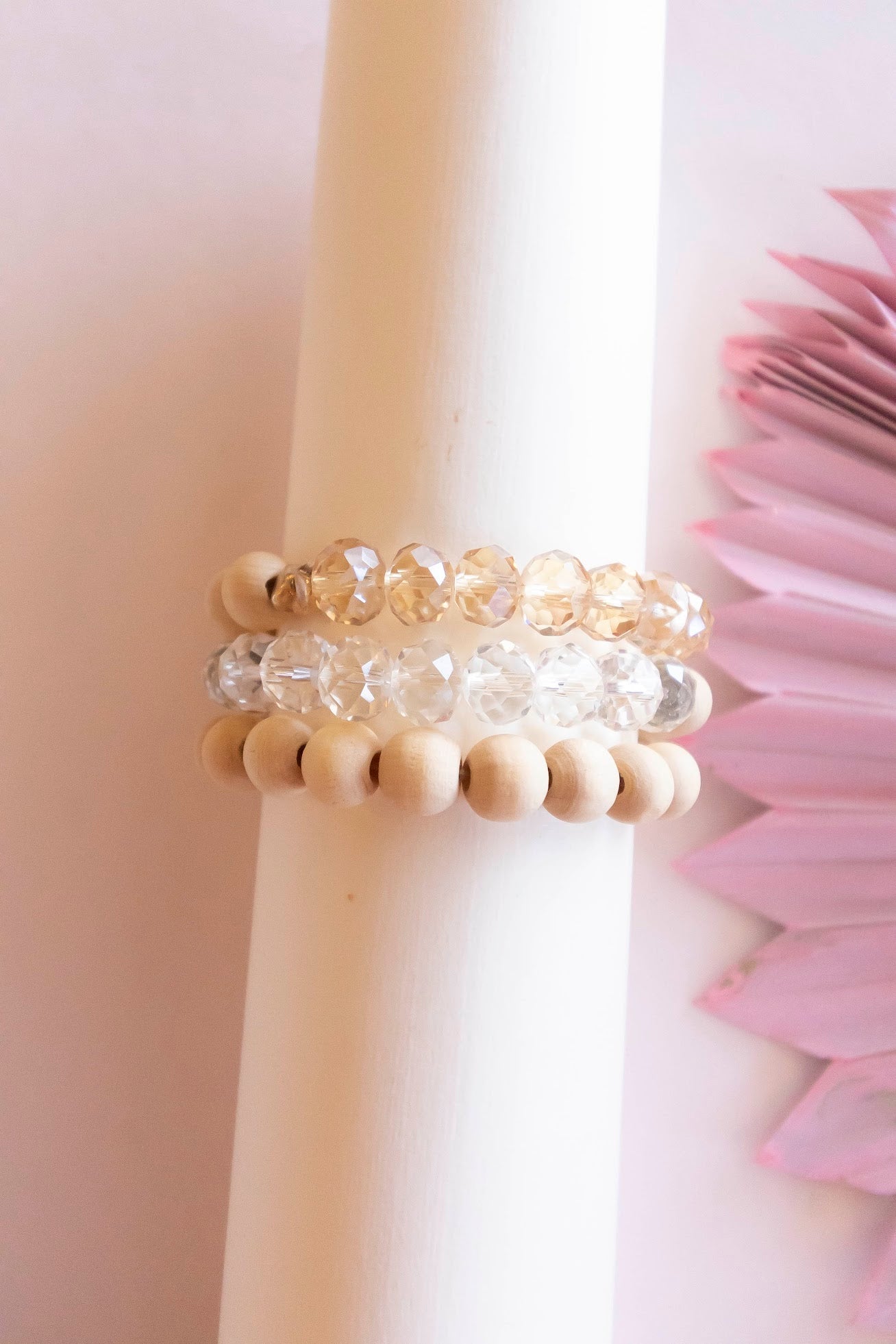 Tracy Bracelet Set | Clear and Champagne Crystal Beads | Natural Wood Beads | Neutral Layering Bracelets