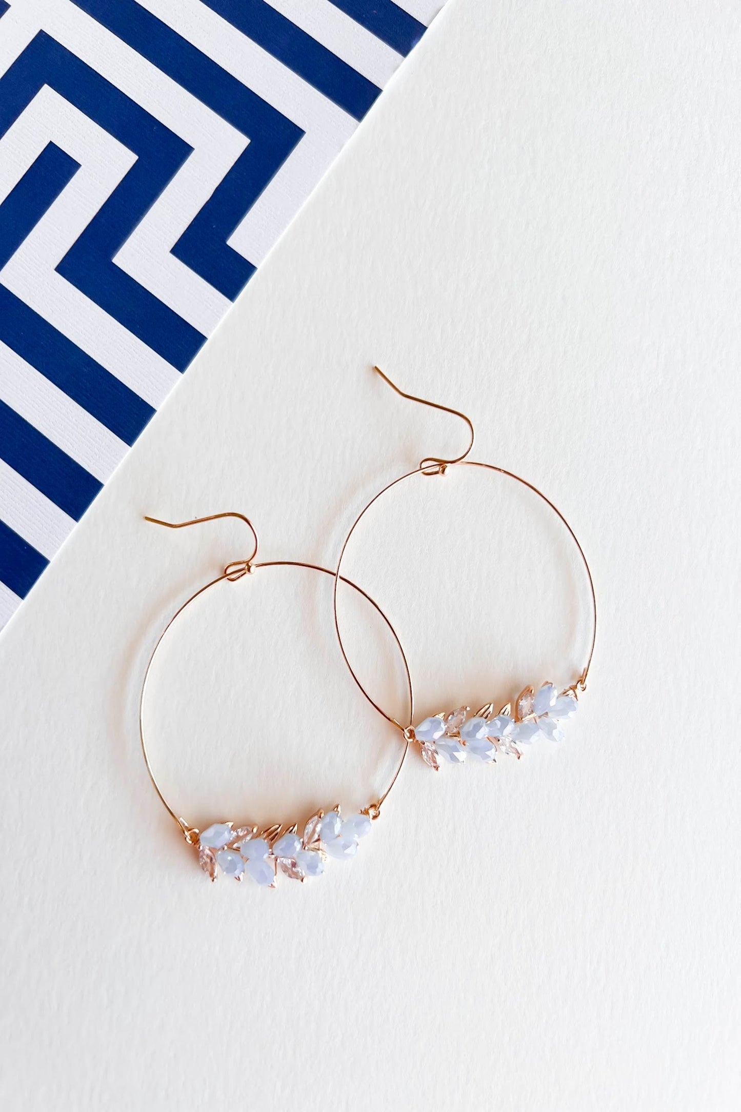 Zoe Crystal Hoop Earrings | Thin Gold Hoops with Frosted Blue Crystal Details | Everyday and Special Occasion Jewelry | Wedding Season Accessories